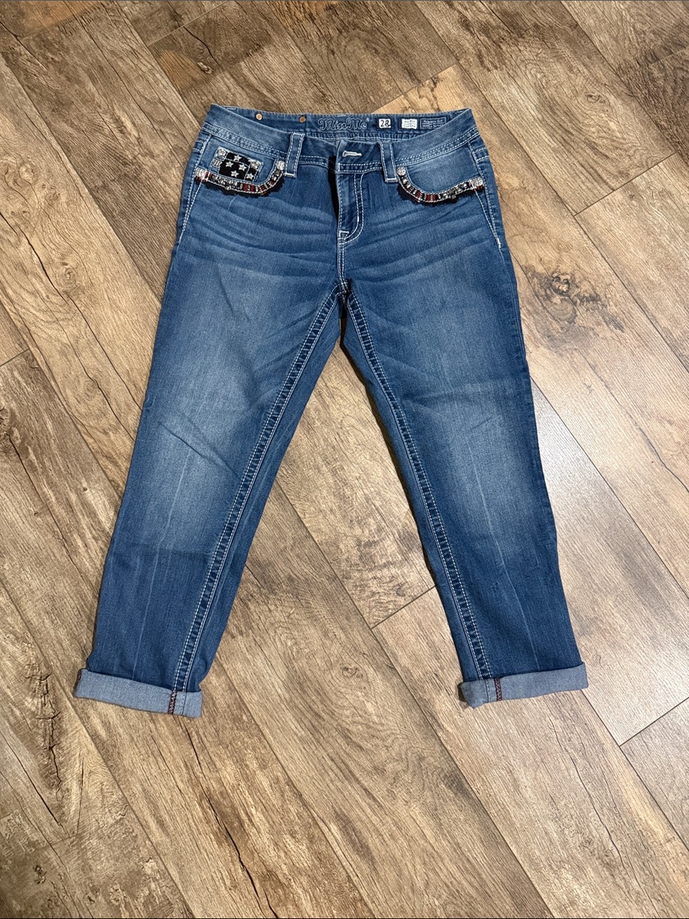 Rock Revival Women's Capri Jeans with Beaded Pocket Trim in Indigo